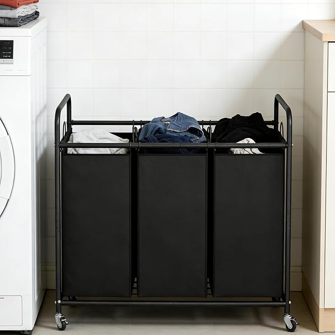 LINZINAR 3-Bag Laundry Basket, Black Laundry Hamper, 35.6 Gal(135 L) Laundry Sorter Cart Laundry Room Organization with Heavy Duty Rolling Lockable Wheels and Removable Bags