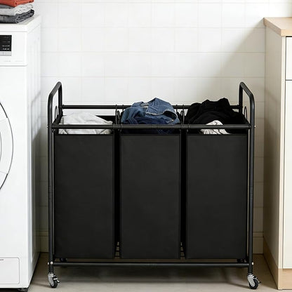 LINZINAR 3-Bag Laundry Basket, Black Laundry Hamper, 35.6 Gal(135 L) Laundry Sorter Cart Laundry Room Organization with Heavy Duty Rolling Lockable Wheels and Removable Bags