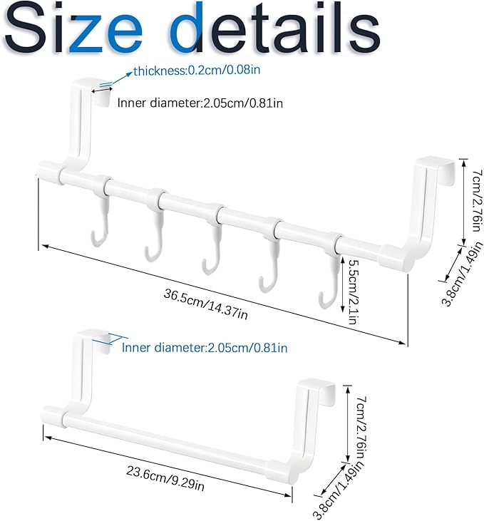 INCREWAY 2Sets Towel Holder, Over Cabinet Door Towel Rack with Hooks, Multi-Purpose Kitchen Towels Rack and Hanger Organizer for Sink Bathroom Pantry Door (White)