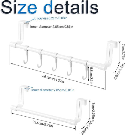 INCREWAY 2Sets Towel Holder, Over Cabinet Door Towel Rack with Hooks, Multi-Purpose Kitchen Towels Rack and Hanger Organizer for Sink Bathroom Pantry Door (White)