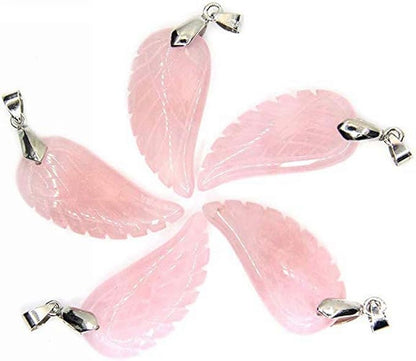 35mm Hand carved mixed gemstom angel wing for necklace pendant bead (rose quartz)
