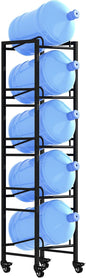 5 Gallon Water Jug Holder, Movable 5 Tier Heavy Duty Water Rack with 4 Wheels, Rack for Water Jug Storage, Space Saving Water Stand for Five 5 Gallon Water Jugs, Black