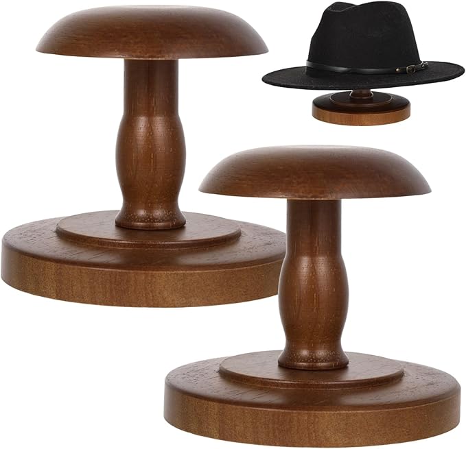 2PCS Vintage Wooden Hat Rack Stand, Rustic Hat Rack Display Stand, Brown Tabletop Cap Hats Rack Organizer with Wig Holder Display for Closet, Home Decor Display for Closet Dresser Home Decor Man Cave