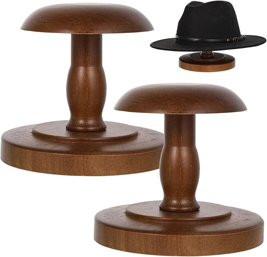 2PCS Vintage Wooden Hat Rack Stand, Rustic Hat Rack Display Stand, Brown Tabletop Cap Hats Rack Organizer with Wig Holder Display for Closet, Home Decor Display for Closet Dresser Home Decor Man Cave