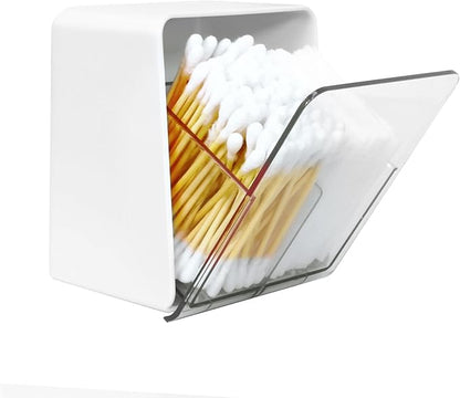Qtip Holder with 2 Compartments, Clear Bathroom Set, Vanity Countertop Storage Organizer for Swab, Round Pads, Plastic Floss Pick Holder, White