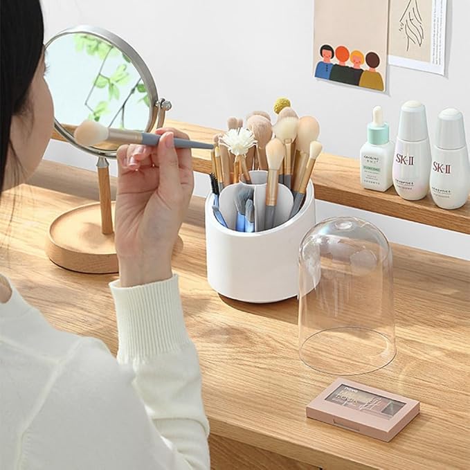 Fantasee 360° Rotating Makeup Brush Organizer, 7-Compartment Storage with Transparent Dustproof Cover, Cosmetic Tools Storage Holder for Bathroom Vanity Countertop (Classic White, Cylindrical)