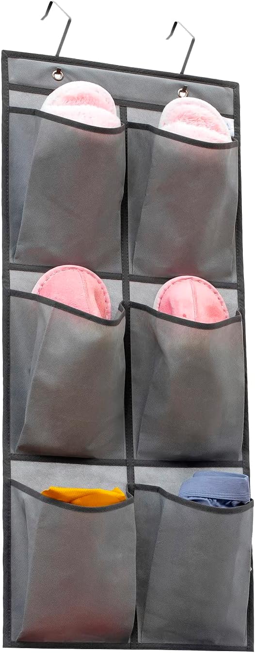 Over The Narrow Door Shoe Organizer Hanging 6 Large Fabric Pockets Back Door Shoe Holder for Closet with 2 Hooks (GREY)