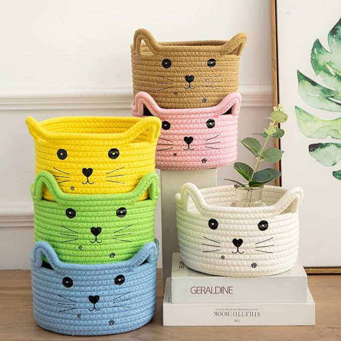 Woven Basket Cartoon Cotton Rope Gifts Basket with Handle Empty Baby Wicker Storage Basket Nursery Box Bin Kids Organizer Cat Dog Toy Basket Easter Basket,Yellow