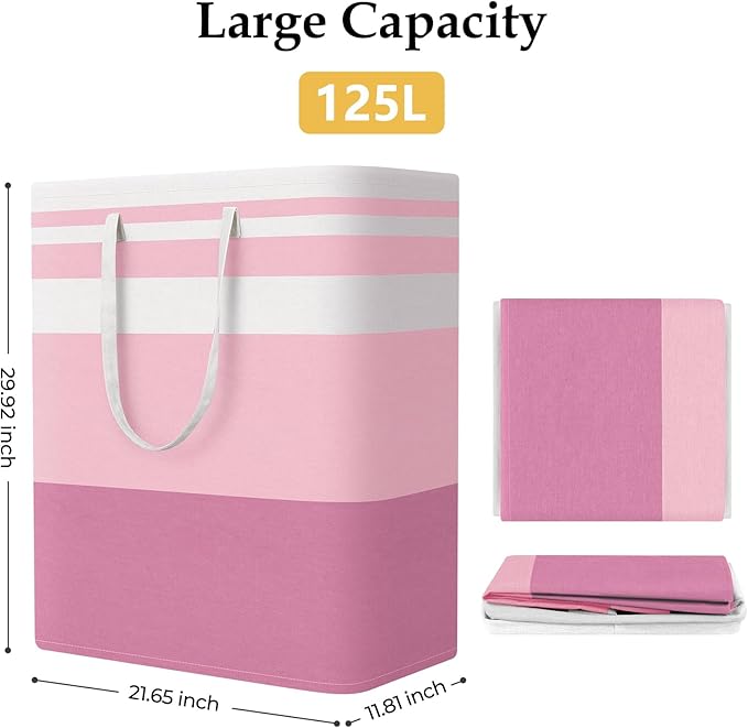 StorageRight Large Collapsible Laundry Basket Hamper with Easy Carry Handles，Freestanding Clothes Hampers for Laundry, Bedroom, Dorm, Towels, Toys, 125L, Pink