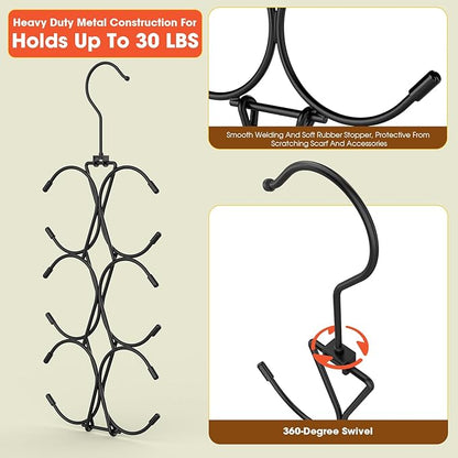 Scarf Hanger 12 Storages,Purse Hanger with 360 Swivel Hook,Scarf Organizer Scarf Hangers for Closet,for Scarves, Shawl,Belt,Purse & Baseball Cap