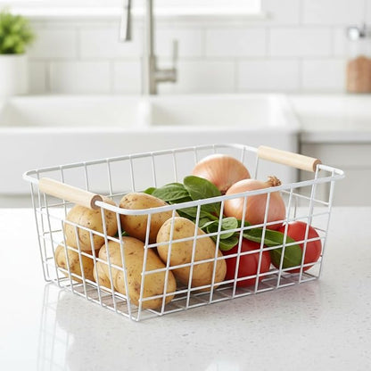 White Metal Wire Food Storage Basket with Wooden Handles for Organizing Snack Basket,Pantry Organizers and Storage for Kitchen Cabinets 4 Pack (Medium)