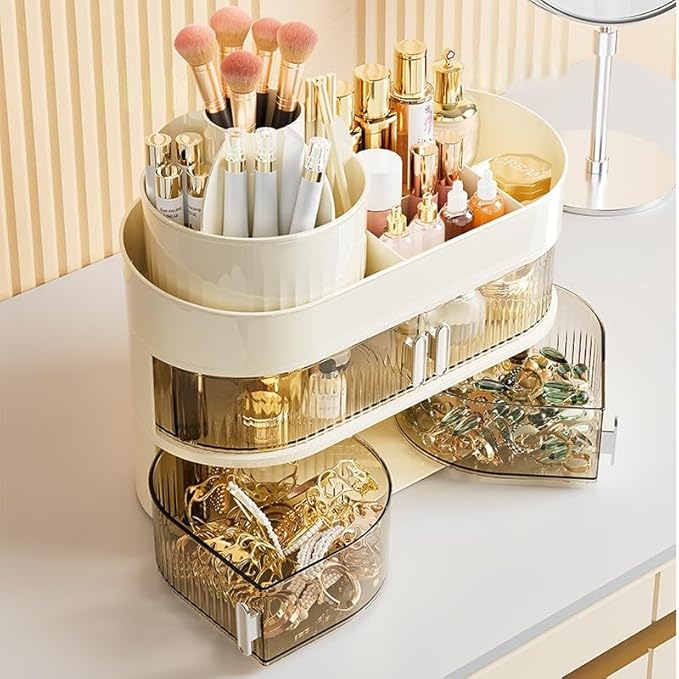 Makeup Organizer for Vanity 360 Rotating Brush Holder Cosmetic Storage with Dustproof Drawer Large Countertop Skincare Display Case for Jewelry Perfume Lotions
