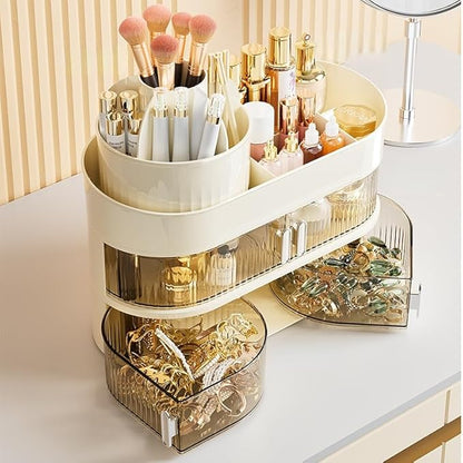 Makeup Organizer for Vanity 360 Rotating Brush Holder Cosmetic Storage with Dustproof Drawer Large Countertop Skincare Display Case for Jewelry Perfume Lotions