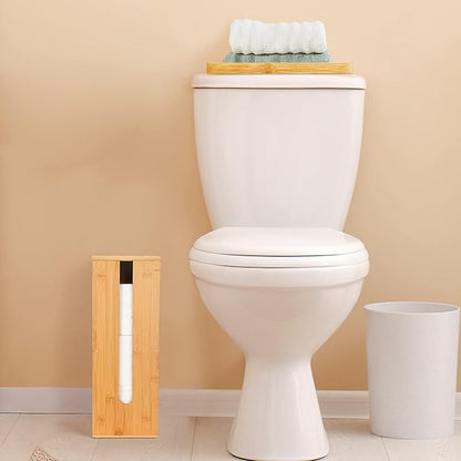 GOBAM Bamboo Toilet Paper Storage - Fits 3 Mega Toilet Paper, Bathroom Organizer, Toilet Paper Holder Stand, Bamboo Bathroom Accessories - Natural, 5.9 x 5.9 x 16.1 inches