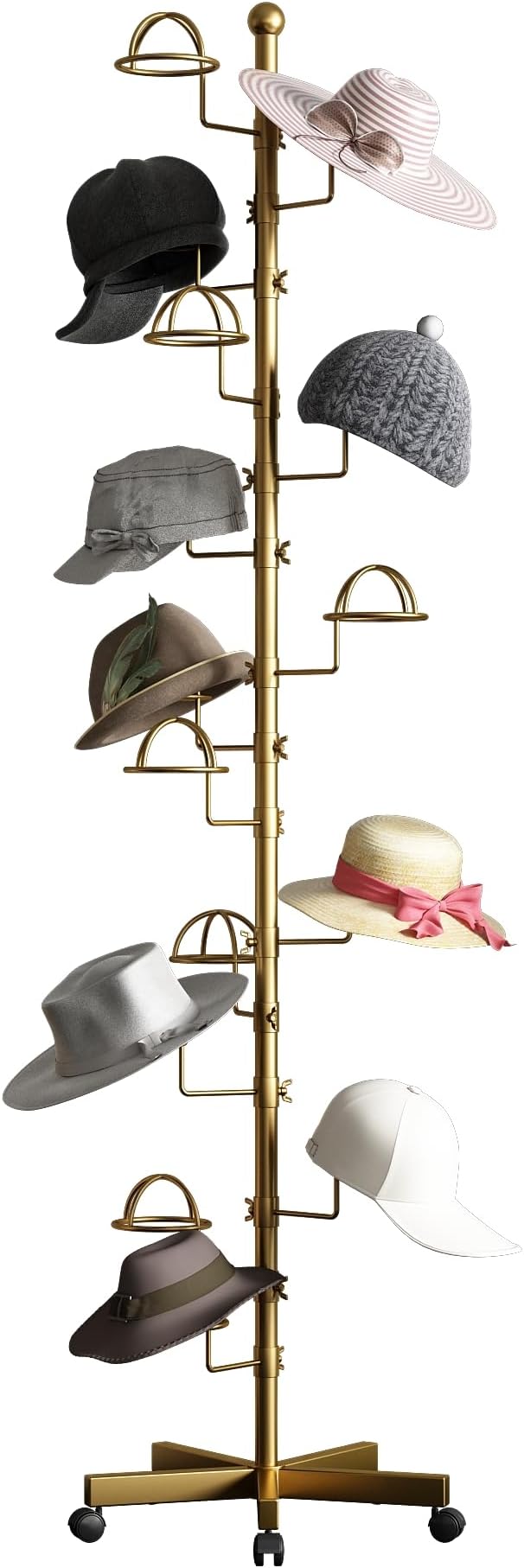 Hat Rack with 15 Circular Hooks Floor Hat Stand Freestanding Hats Rack Stand Adjustable Metal Hats Tree Organizer Rack Display Standing Suitable for Home Store Commercial, Gold