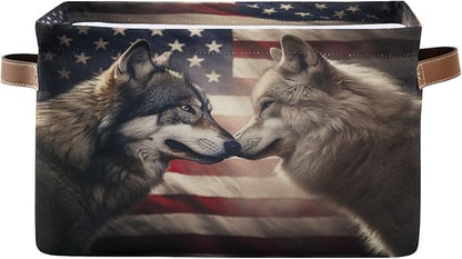 Large Storage Basket Wolf Usa Flag Storage Bin Cube Canvas Fabric Organizer Handles Collapsible for Clothes Toys Bedroom Decorative
