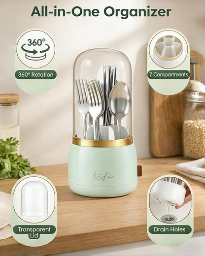 Silverware Organizer with Lid, 360° Rotation Utensil Holder for Kitchen Counter, Silverware Caddy for Party, 7 Slots Fits Standard Utensils & Steak Knives, Not for Extra-Long Knives (Light Green)