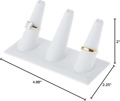 Plymor White Faux Leather Ring Finger Display, Three on Rectangular Base, 4.875" W x 2.25" D x 2" H (Pack of 3)