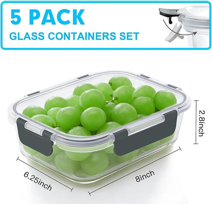 VERONES 5 Pack 36 OZ Glass Meal Prep Containers, Airtight Glass Lunch Containers Set, Glass Food Storage Containers with Lids,Exclusive of BPA, for Microwave, Oven, Freezer & Dishwasher Friendly,Grey