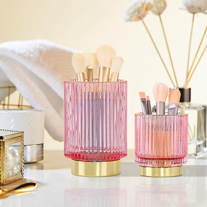 Glass Makeup Brush Holder Organizer, Gold Toothbrush Holders for Bathroom, Pink Makeup Brush Holder Cup for Vanity, Desktop Crystal Eyeliners Eyebrow Pencil Storage Cup Holder