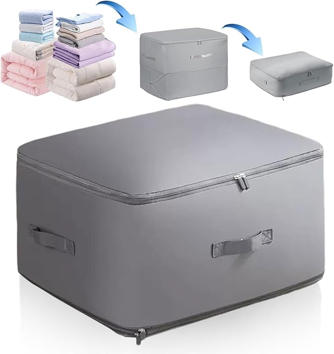 Storage Totes Ultra Space Saving Self Compression Organizer Stackable Heavy Duty Moving Travel Storage Bags Compressible for Comforter Blankets Bedding Clothes (Gray, X-Large)