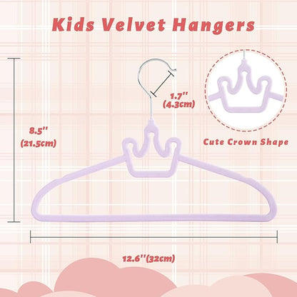 ManGotree Baby Velvet Hangers, Non-Slip Felt Kids Clothes Hanger, 12.6" Cute Crown Hanger for Closet, Space Saving Toddler Hangers for Children's Clothes (20 Pack, Purple)