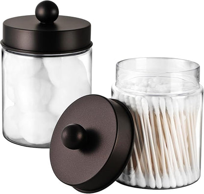 Amolliar Farmhouse Decor Qtip Holder Dispenser for Cotton Swabs,Balls, Cotton Pads, Floss - Clear Plastic Apothecary Jar for Bathroom Canister Storage, Vanity Countertop Makeup Organizer-Bronze (2)