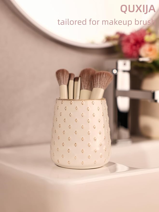 Ceramic Makeup Brush Holders, Farmhouse Bathroom Vanity and Countertop, Brushes Cup for Bathroom Cosmetics, Lipsticks, Vanity Desktop Storage (Vintage White)