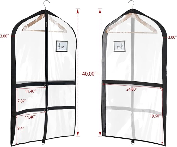 Univivi Clear Black PVC Dance Costume Bags Garment Bag 40 Inch for Dance Competitions, with 4 Medium Clear Zipper Pockets and 1 Large Back Zippered Pocket(Clear Black)