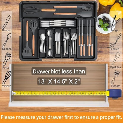 Silverware Organizer Expandable Utensil Drawer Organizer Adjustable Drawer Organizer, Flatware Cutlery Silverware Tray for Spoons Forks Knives Kitchen Organizers Storage (Black Plus)