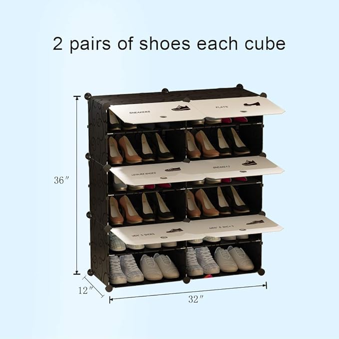 KOUSI Portable Shoe Rack Organizer 72 Pair Tower Shelf Storage Cabinet Stand Expandable for Heels, Boots, Slippers， 8-Tiers Black