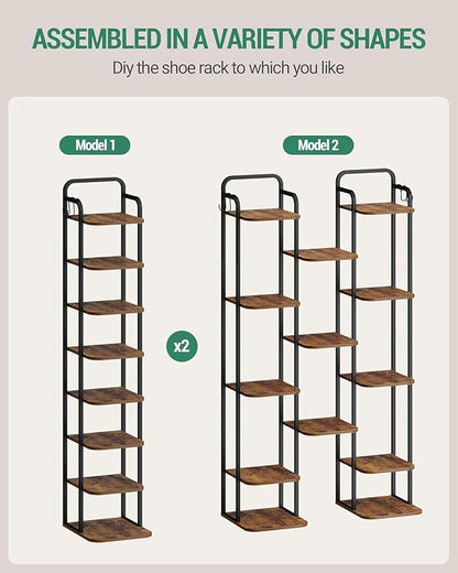 Hzuaneri 8 Tiers Vertical Shoe Rack, Narrow Shoe Tower, Tall Shoes Shelf with 2 Hooks, Adjustable Shelves, Corner Shoes Shelves for Small Spaces, Entryway, Living Room, Rustic Brown SR04301B