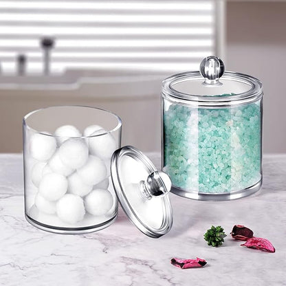SheeChung Qtip Dispenser Holder Bathroom Vanity Organizer Apothecary Jars Canister Set for Cotton Ball，2 Pack,15 Oz. & 20 Oz.&Vintage Farmhouse Decor Metal Vanity Tray(Black，2 Pack)