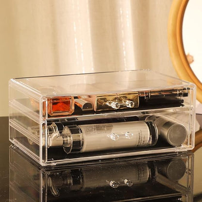 Cq acrylic Clear acrylic organizers Countertop,2 Large Drawers stackable storage bins,clear storage bins for Vanity Jewelry,Hair Accessory,Beauty,Skin Care,Skincare Product stackable storage drawers