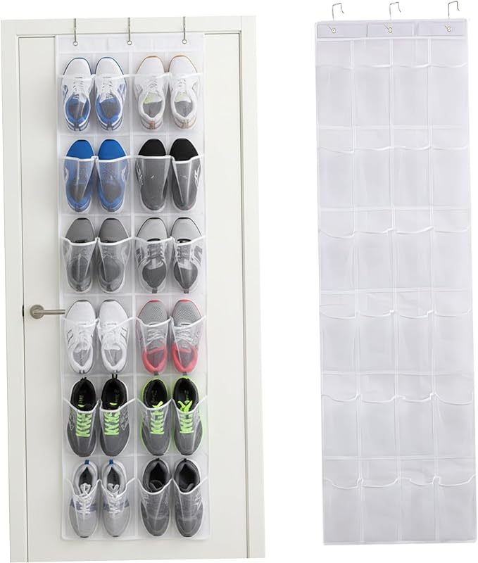 Shoe Hanger for Door 24 Mesh Pocket over the Door Shoe Organizer Space Saving Hanging Storage Holder with Hooks 64x19 Inch White
