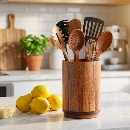 Utensil Holder, Acacia Wood Kitchen Utensil Holder for Countertop, 360°Rotating Cooking Utensil Crock for Kitchen Counter, 7.2" Large Utensil Organizer for Spatula