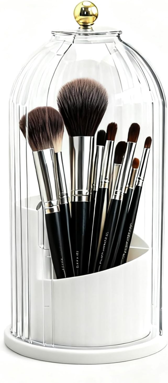MDEOOSKY Makeup Brush Holder, 360-Degree Rotating Makeup Brush Organizer, Transparent Dust-Proof Makeup Brush Holder, Suitable for Bathroom Countertops and Vanity Tables