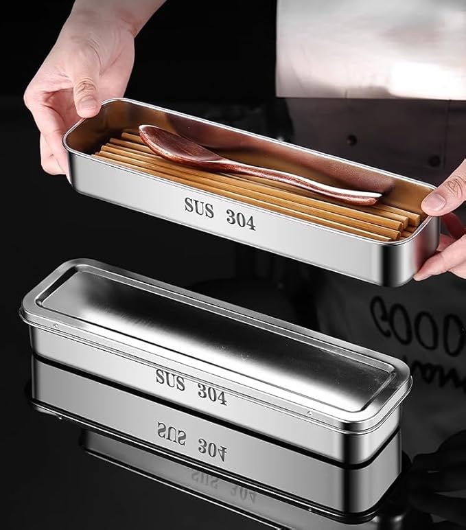 Flatware Tray with Lid,Stainless Steel Cutlery Tray Holder,Chopsticks Storage Boxes Kitchen Draining Chopstick Spoon Fork Storage Box with Lid Drainer(silver)