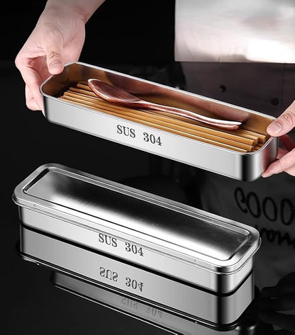 Flatware Tray with Lid,Stainless Steel Cutlery Tray Holder,Chopsticks Storage Boxes Kitchen Draining Chopstick Spoon Fork Storage Box with Lid Drainer(silver)