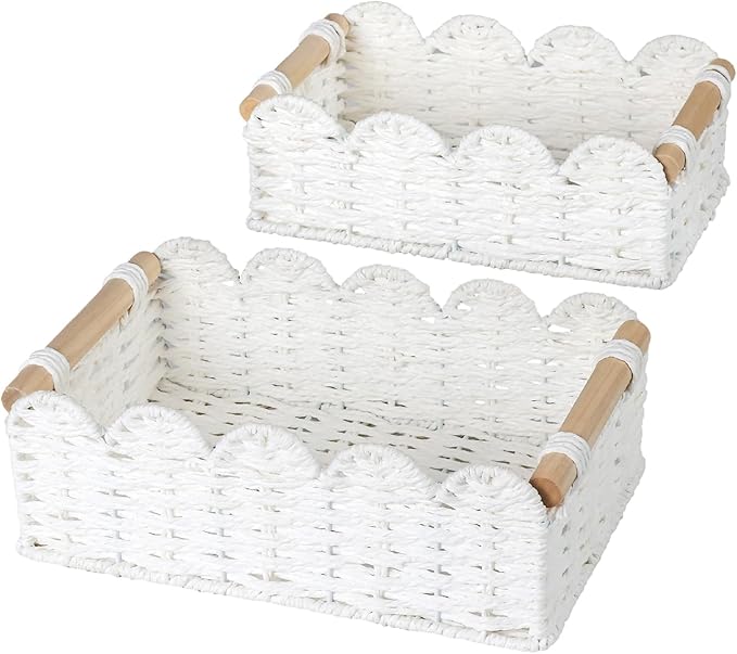 Graciadeco 2 Pack Scalloped Wicker Basket Paper Rope Storage Baskets with Wooden Handles Hand-Woven Organizer Bin Wicker Storage Baskets for Organizing, Home Decor (White)