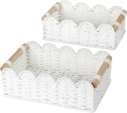 Graciadeco 2 Pack Scalloped Wicker Basket Paper Rope Storage Baskets with Wooden Handles Hand-Woven Organizer Bin Wicker Storage Baskets for Organizing, Home Decor (White)