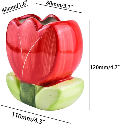 Ceramic Tulip Cosmetic Storage Box, Desktop Organizers Make Up Brush Storage Stand Desktop Storage Box for Brush,Pencil,Art Supplies, Painting Brush (Red)