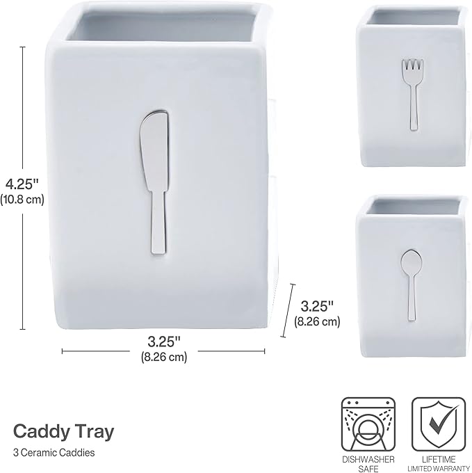 Towle Living 3-Piece Ceramic Caddy with Wood Tray, White, Black