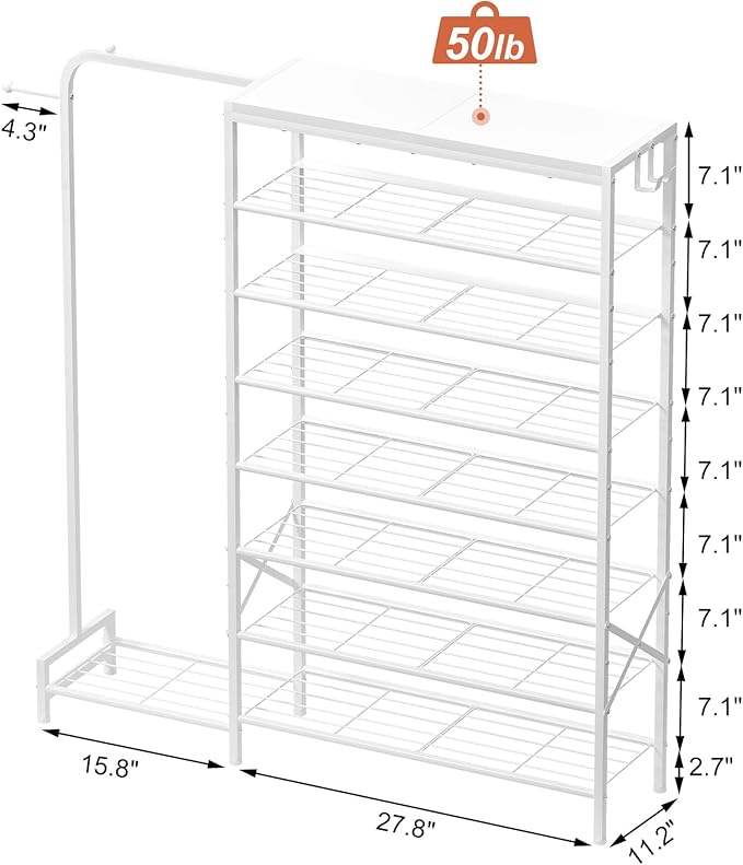 Shoe Rack with Coat Rack, 8 Tier Tall Shoe Storage Organizer with Hooks, 3-in-1, Wooden Top Shelf, Sturdy Frame, Metal Clothes Hanger Stand for Entryway, Closet, White