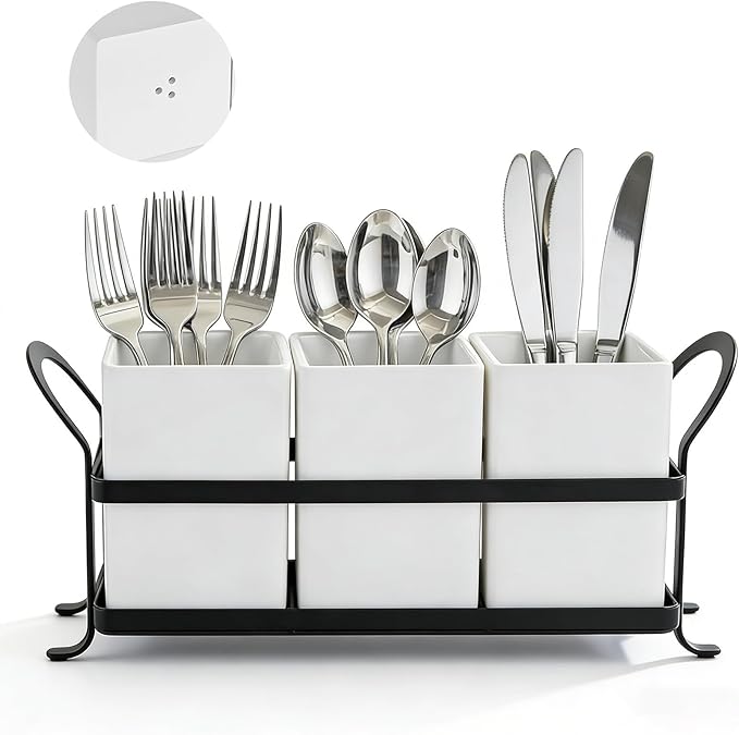 Utensil Holder with Drain Holes, Real Resin Silverware Caddy for Party Countertop,Cutlery Holders Silverware organizer for Spoon and Fork, White Black