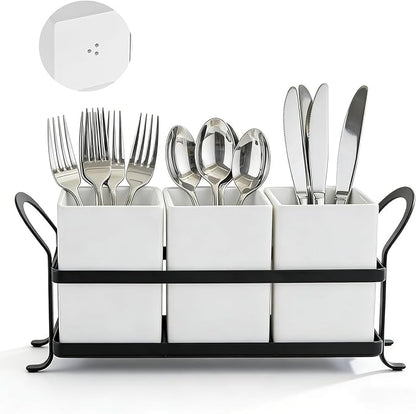 Utensil Holder with Drain Holes, Real Resin Silverware Caddy for Party Countertop,Cutlery Holders Silverware organizer for Spoon and Fork, White Black