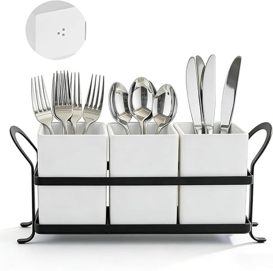 Utensil Holder with Drain Holes, Real Resin Silverware Caddy for Party Countertop,Cutlery Holders Silverware organizer for Spoon and Fork, White Black