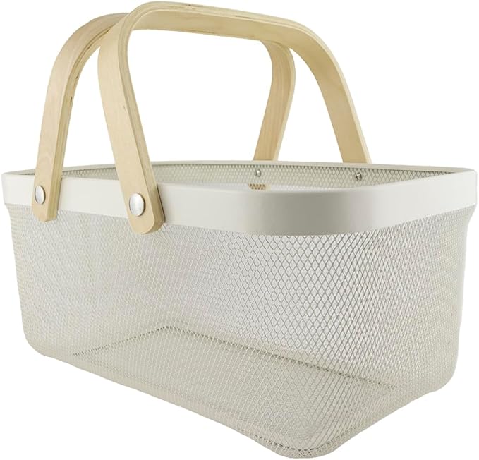 Metal Mesh Basket with Bamboo Handles, 15.7x11x7 inches.Choose from Gray, White, or Black to match your décor, Storage Organizer 40 cm (White)