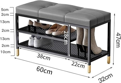3 Tier Shoe Organizer for Entryway, Shoe Racks with Cushion, Black Metal Frame Hallway Bench for Living Room Bedroom,Gray,60 x 32 x 47 cm