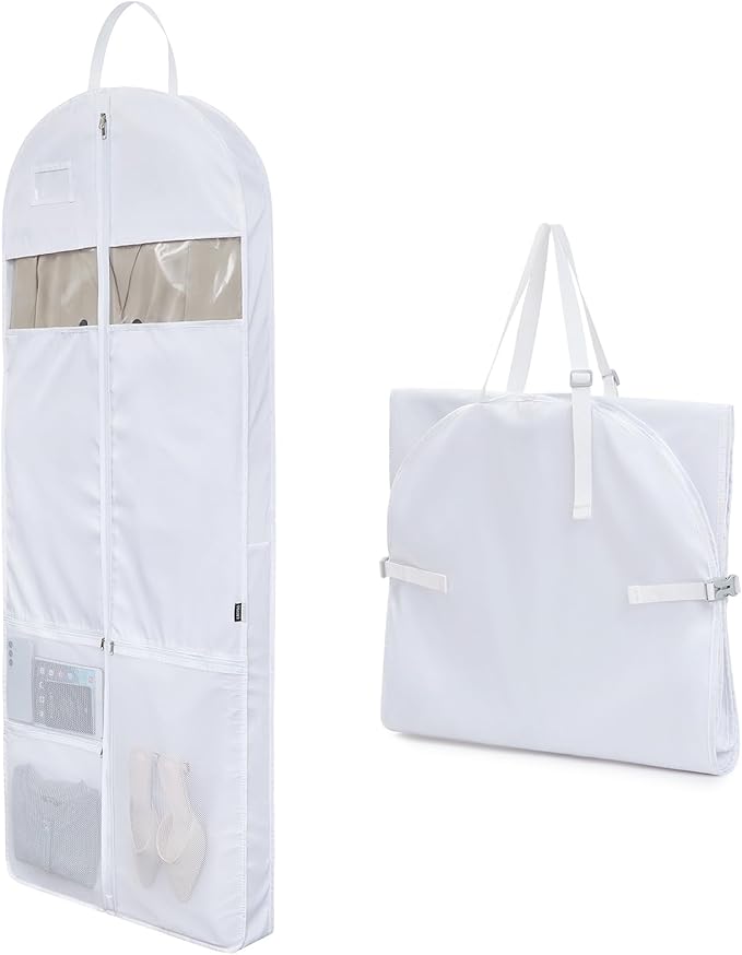 Easyo Garment Bags for Travel,60" Heavy Duty Suit Dress Garment Bag with 2 Clear Windows 3 Zipper Pockets,Dress Bags with Shoe Storage for Long Coat, Jacket, Sweater, Shirts, Suits - White